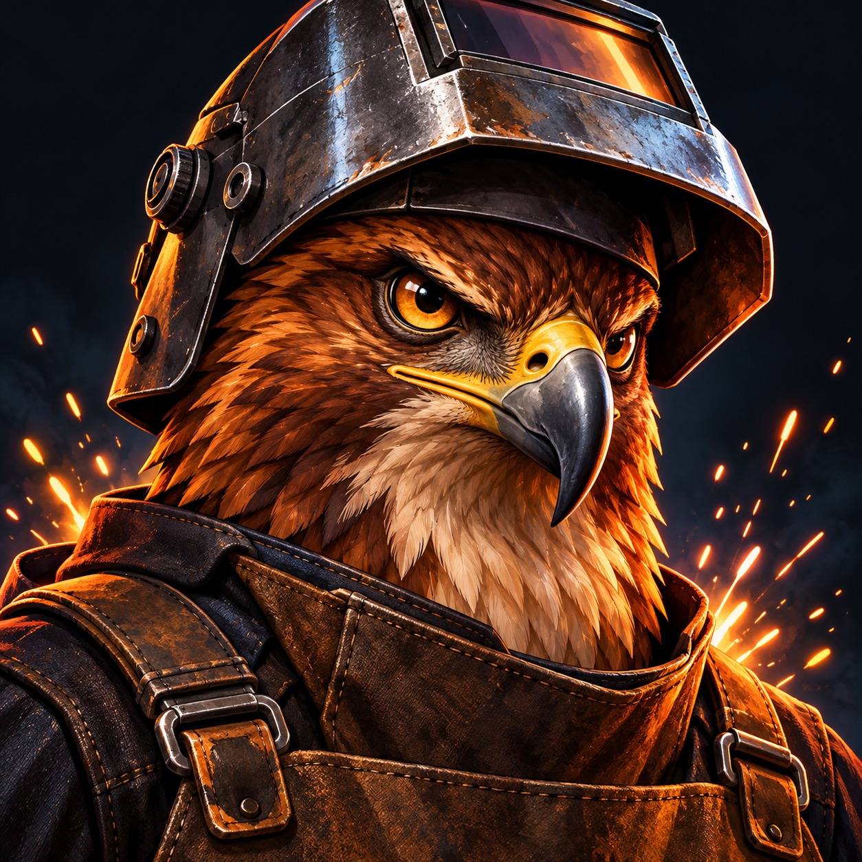 Weld HAWK mascot: a hawk wearing a welding helmet, surrounded by warm sparks.